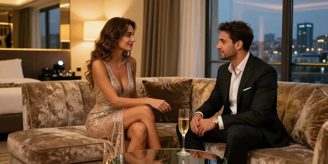 Sefaköy Escort scene featuring elegant escort and gentleman in luxury hotel suite