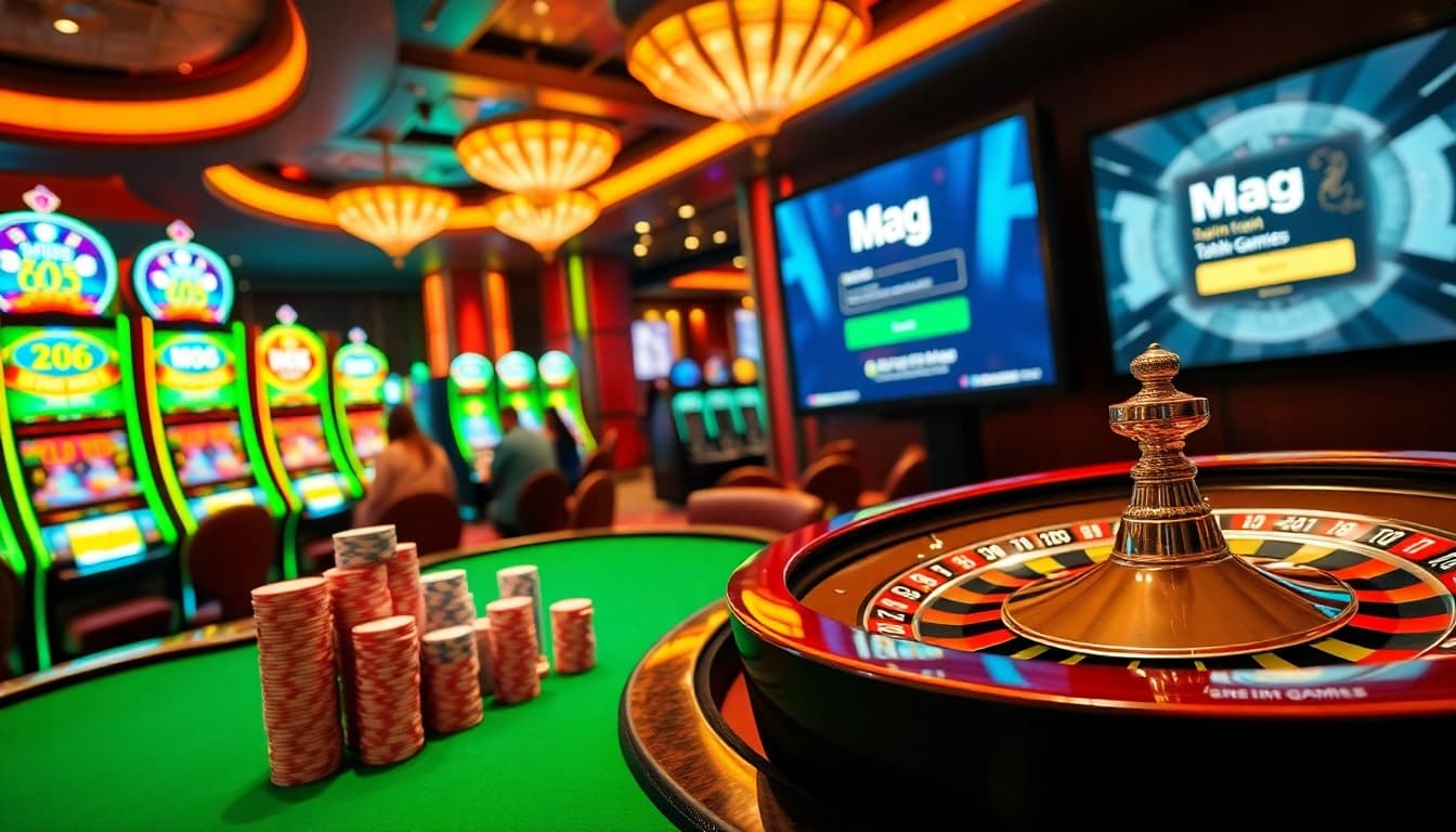 Experience the thrill with Mag Login on an elegant casino floor, featuring vibrant games and poker chips.