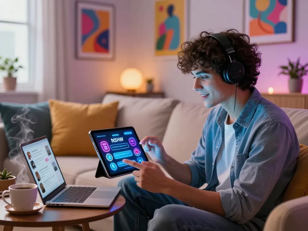 Engaging in ai sex chat with a customizable AI companion in a cozy living room.