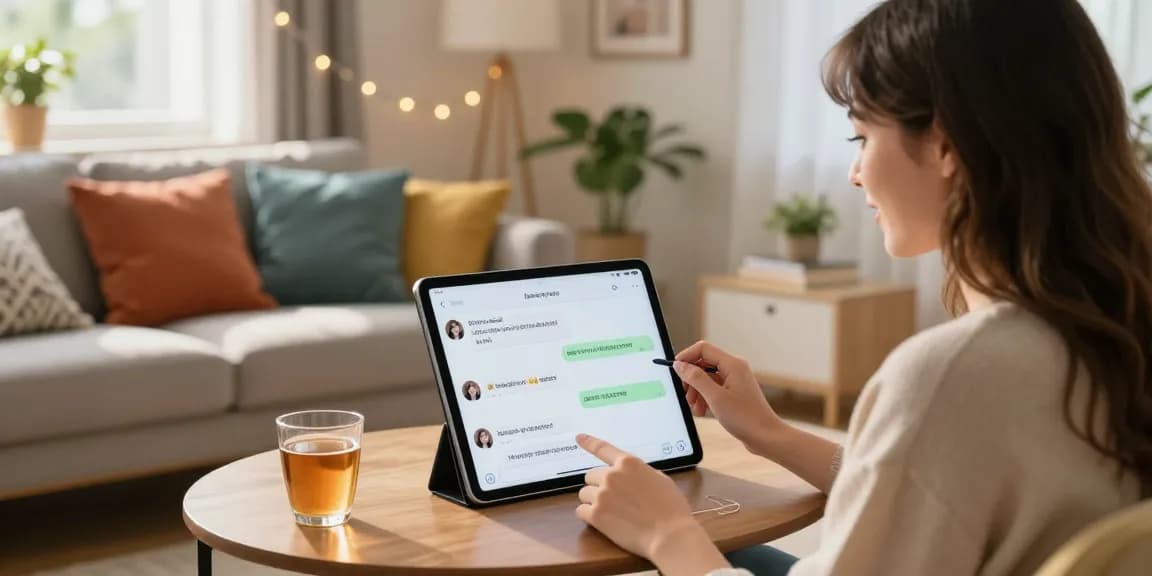 Engaging scene of young woman chatting with her ai girlfriend on a tablet in a cozy living room, showcasing the emotional connection.