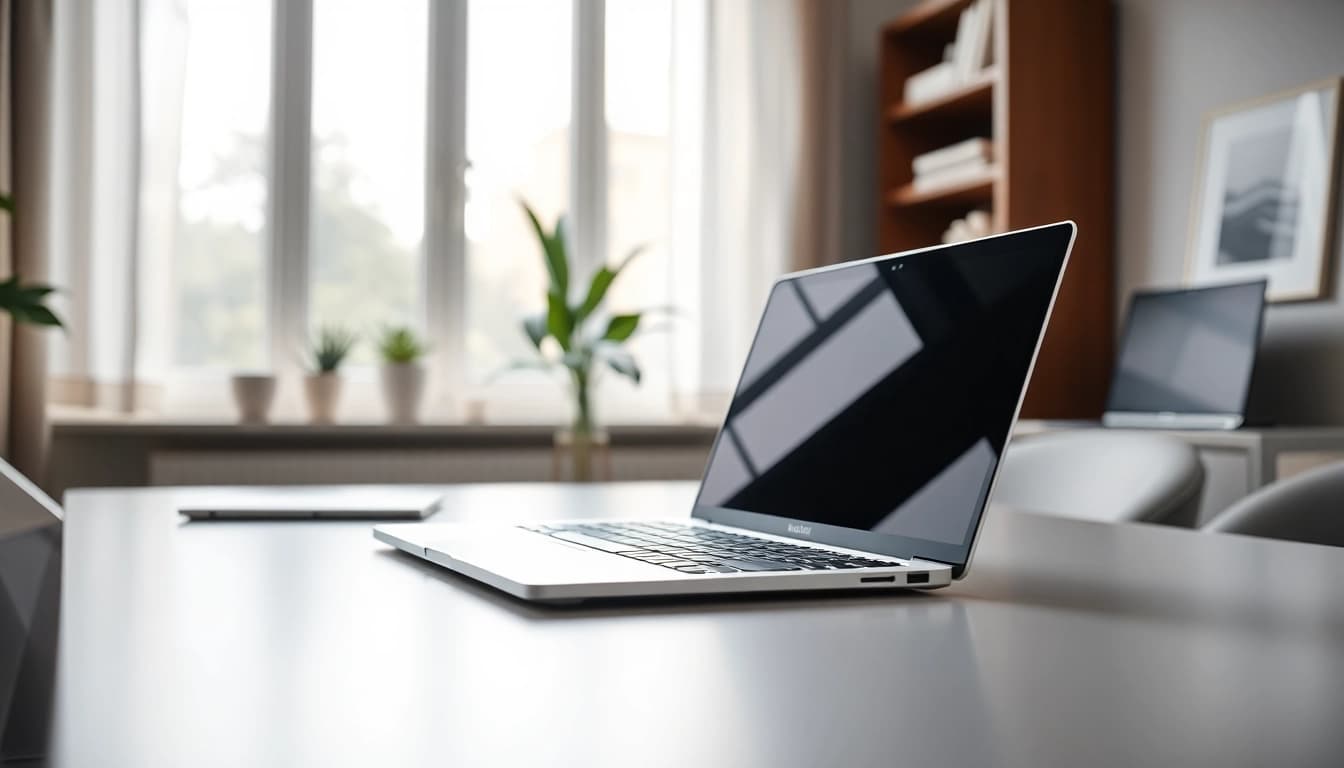 Comparative MacBook Air M1 precio con diseño moderno en oficina minimalista.