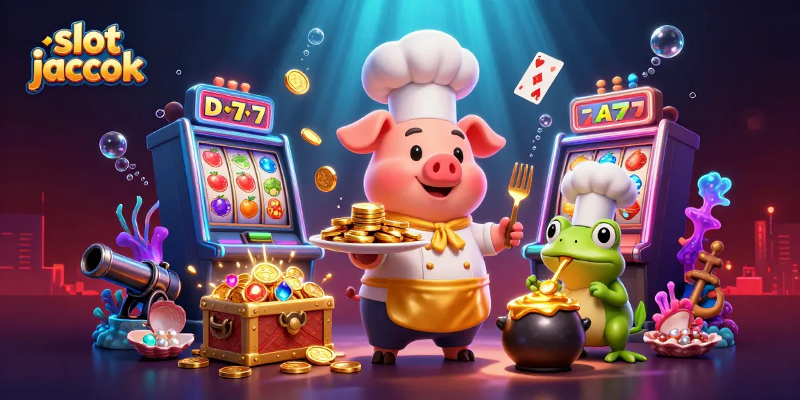 Menangkan slot jackpot dengan ilustrasi kartun 3D yang menggambarkan chef babi dan kritik makanan, dikelilingi elemen kasino.