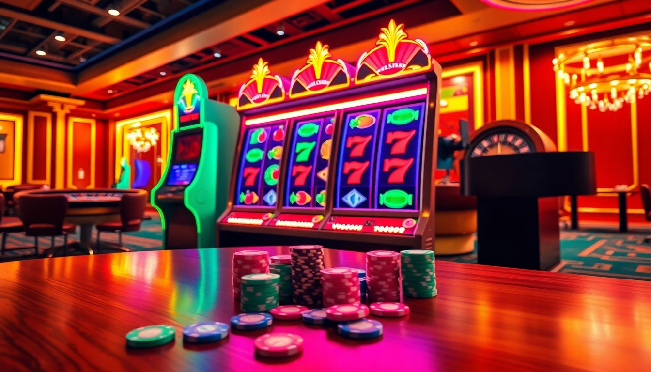 Experience the thrill of winning at idnslot with vibrant slot machines and casino ambiance.