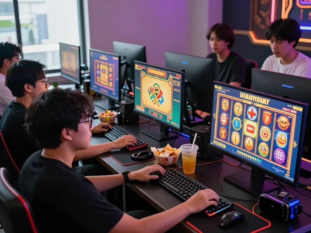 Exciting gaming moment featuring friends enjoying slot gacor hari ini with colorful screens and snacks.