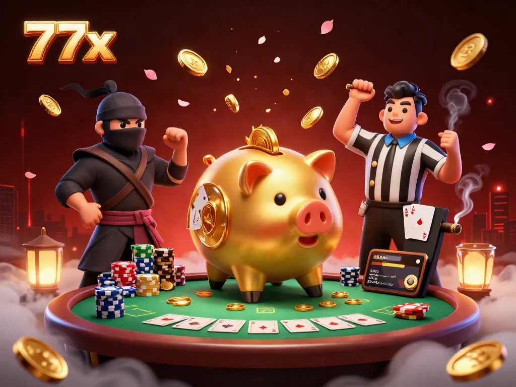 Join the excitement at 777x with a dynamic scene featuring a golden piggy bank sumo wrestler and thrilling poker action.