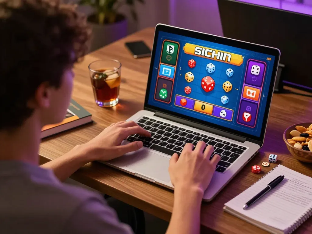 Sicbo gameplay on a laptop with colorful graphics and strategic notes visible