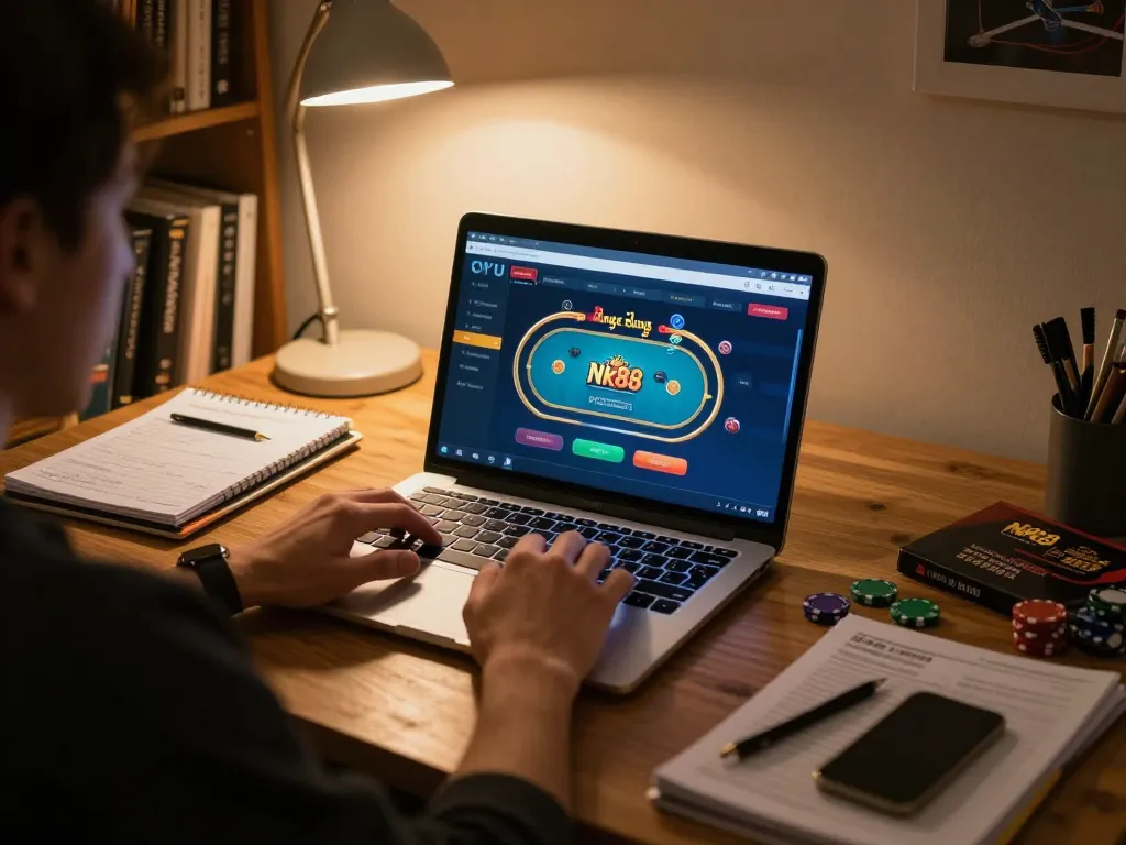 Engaging user interface of Nk88 đăng nhập displayed on laptop during a home gambling session.