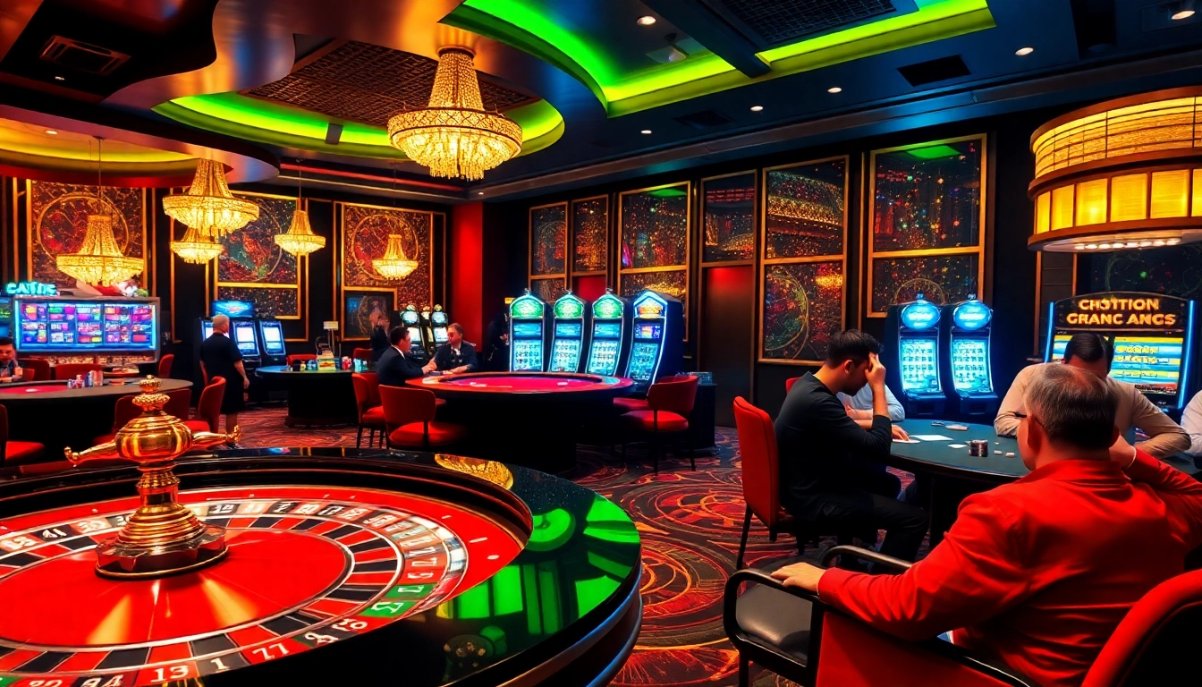 Experience gaming excitement with 789win.gg at a vibrant casino featuring roulette and poker tables.