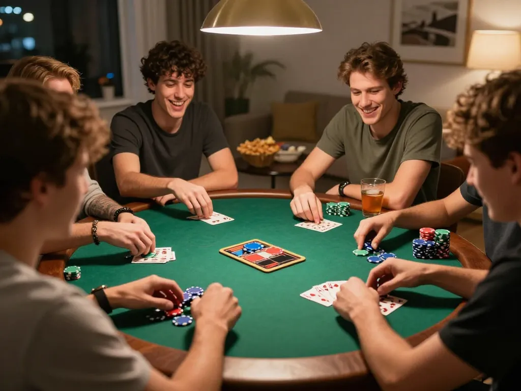 Friends enjoying an exciting poker night at home with AZTEC888 cards and chips spread out on the table.