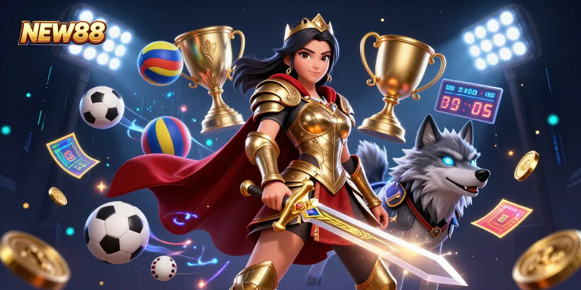 Engage with NEW88 in a dynamic online casino scene featuring epic sports elements and rewards.