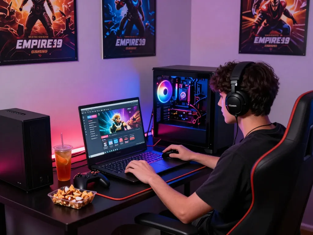 Engaging scene of a user installing the EMPIRE99 gaming platform in a vibrant gaming setup with LED lights.