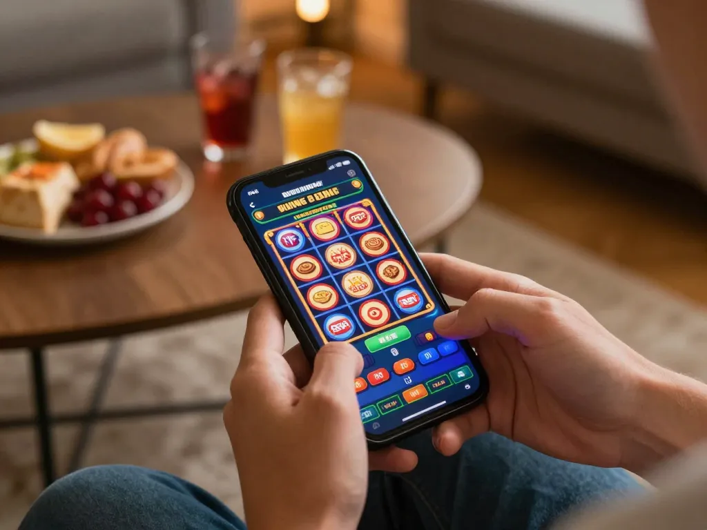 ku88 player spins reels on mobile app, immersed in thrilling slot experience at home