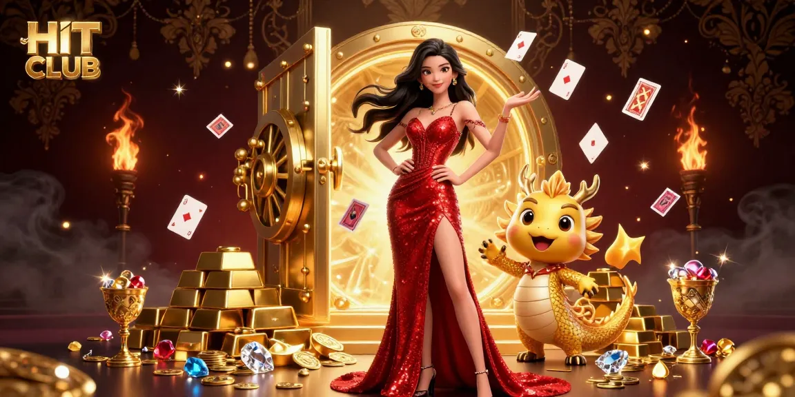 Engage with the HIT CLUB experience featuring vibrant gaming elements, golden treasures, and a confident Asian woman.