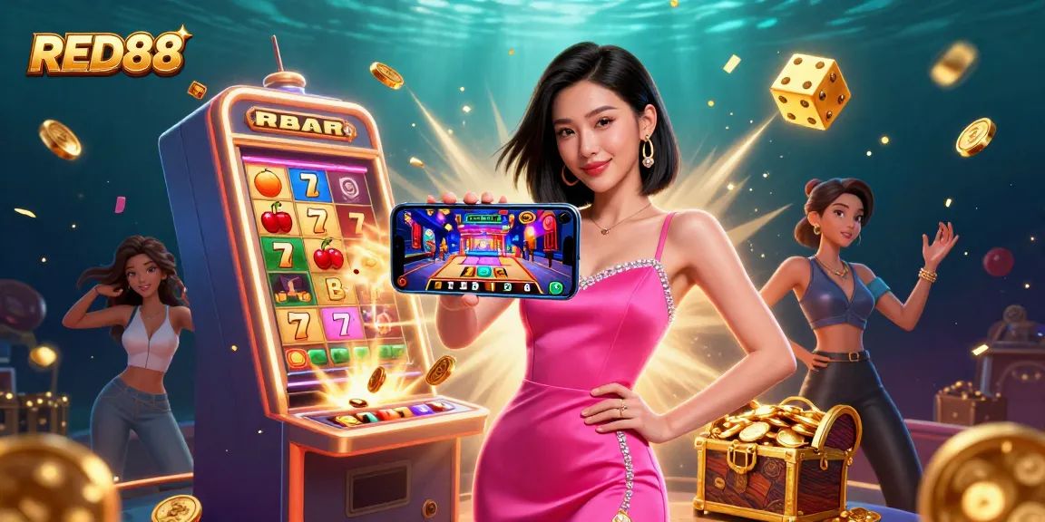 Engage with dynamic slots at RED88 through a vibrant illustration of a confident woman in a lively casino.