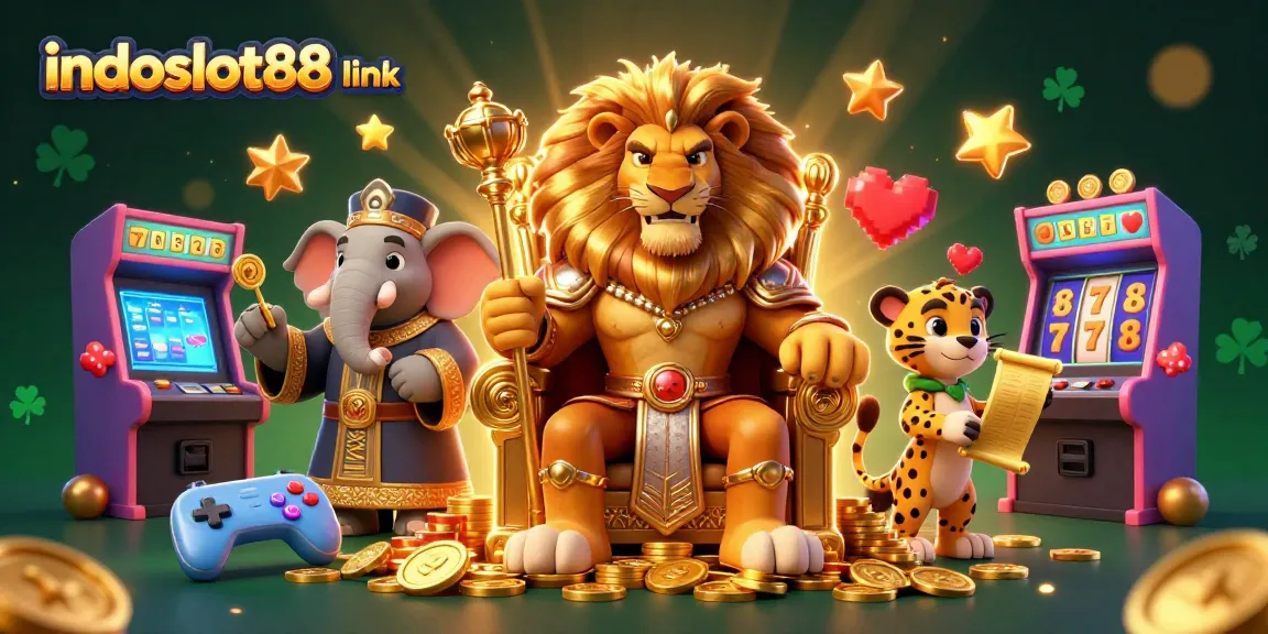 Animate wins with the indoslot88 link featuring a royal lion and vibrant gaming elements.
