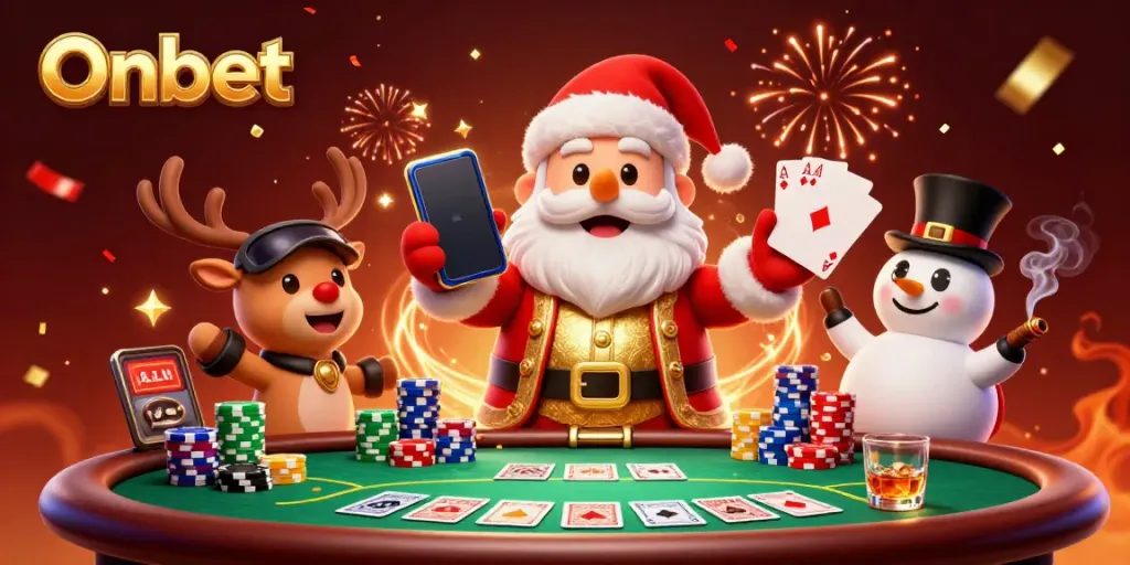 Experience the thrill at Onbet with festive characters in a vibrant casino setting.