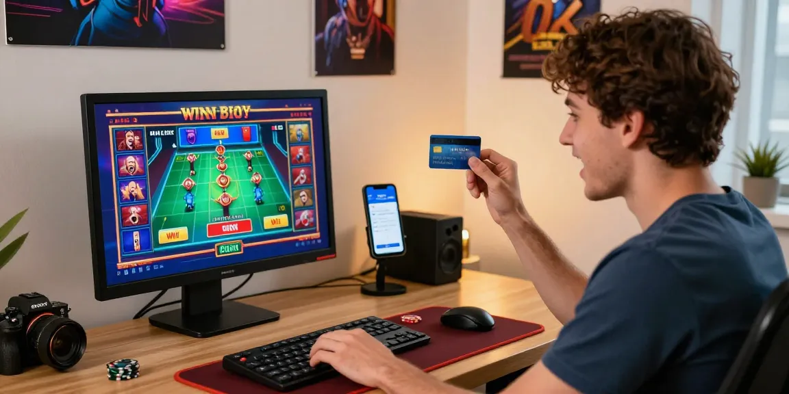 Engaging moment at credit card casinos with a player celebrating a win while using a credit card in an inviting home office.