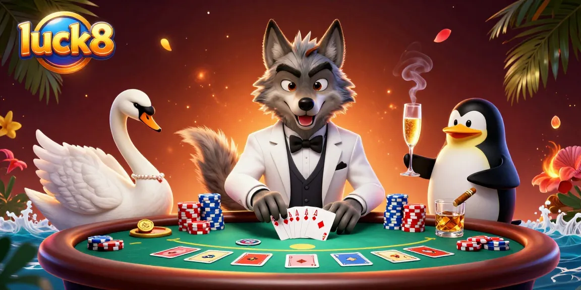 Experience luck8 at this vibrant casino scene with a debonair wolf, elegant swan, and champagne.