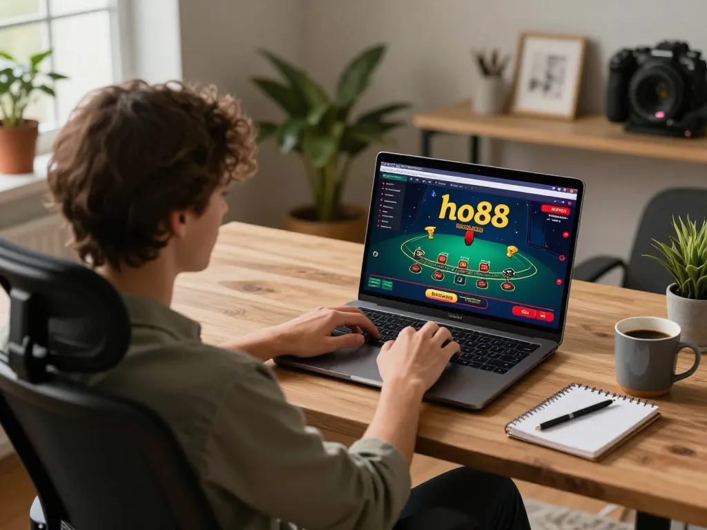 Player engaging in the exciting ho88 online blackjack game from a cozy home office setup.