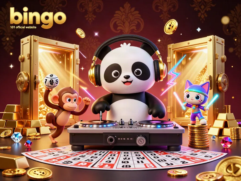 Bingo 101 official website showcases a vibrant 3D DJ panda, monkey, and kitten celebrating bingo.