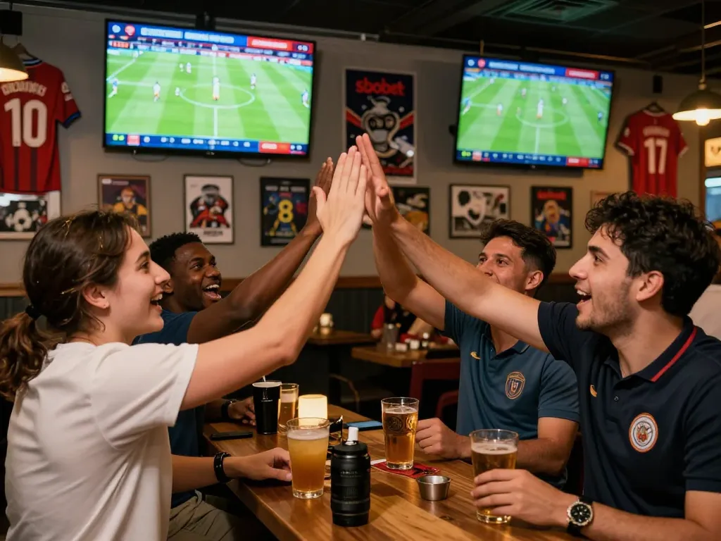 Para penggemar yang bersemangat merayakan gol selama sbobet piala dunia di bar olahraga dengan peluang taruhan langsung yang ditampilkan.