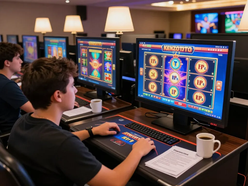 Engaged player using KENZOTOTO link gacor interface on multiple screens, highlighting gaming success.