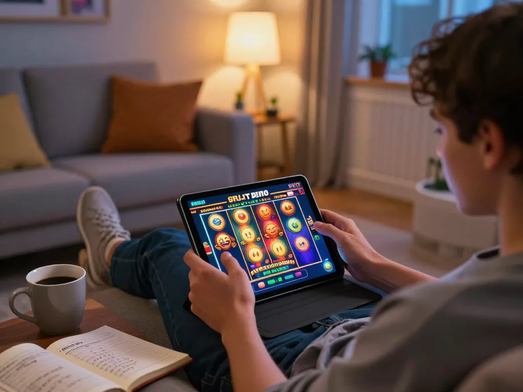 Permainan menarik Slot Demo PG Soft Lengkap yang ditampilkan di tablet dalam suasana rumah yang nyaman, menyoroti perjudian online yang strategis.
