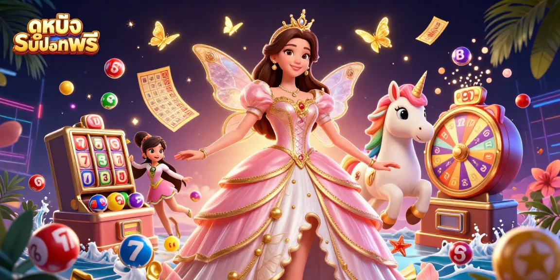 Play ดูหนังออนไลน์ฟรี with a vibrant scene featuring lottery balls and a magical ambiance.