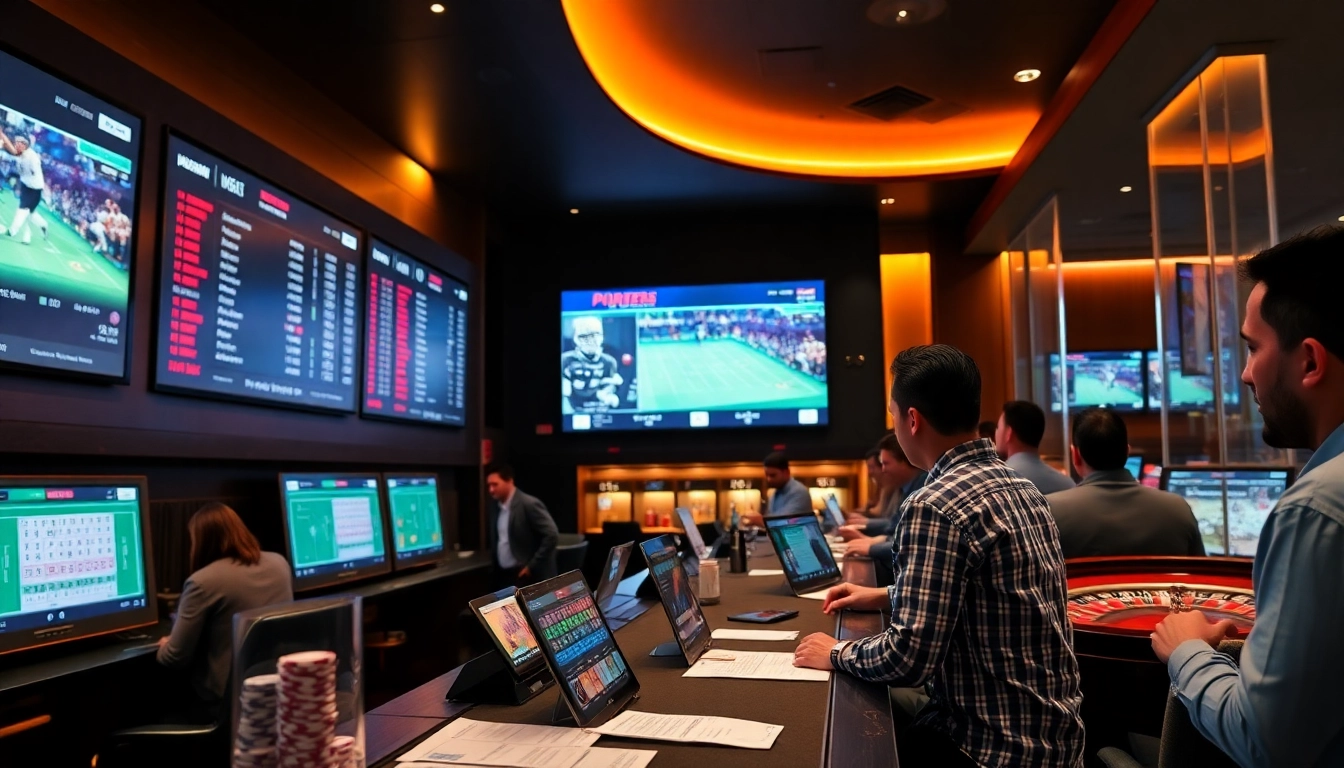 Engaging in เทคนิคแทงบอล strategies at a luxurious modern sportsbook with live games.