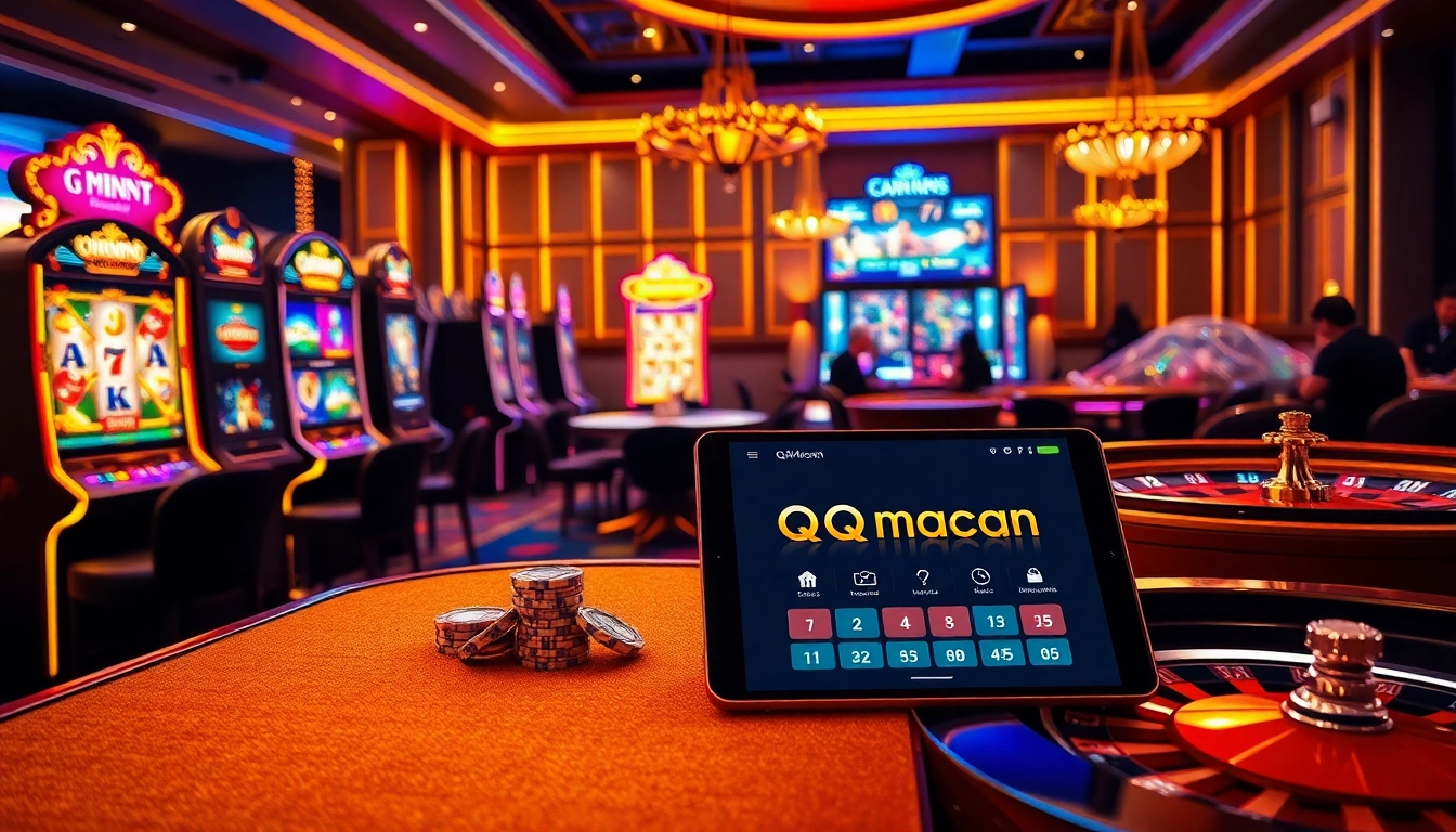 qqmacan showcases vibrant slot machines and exciting online gaming action in a luxurious casino setting.