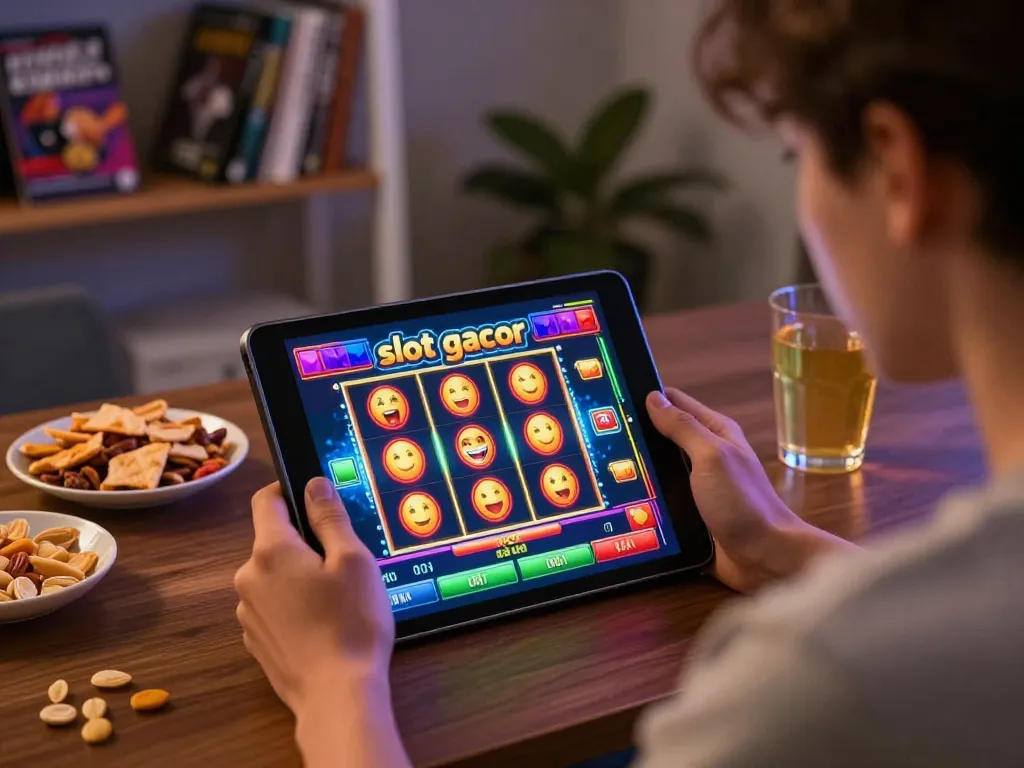 Engaging player immersed in slot gacor gaming on tablet, celebrating big wins.