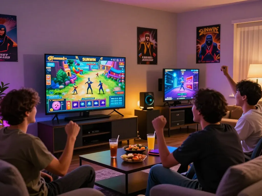 Exciting gaming moment with friends using the link vào sunwin in a cozy living room.