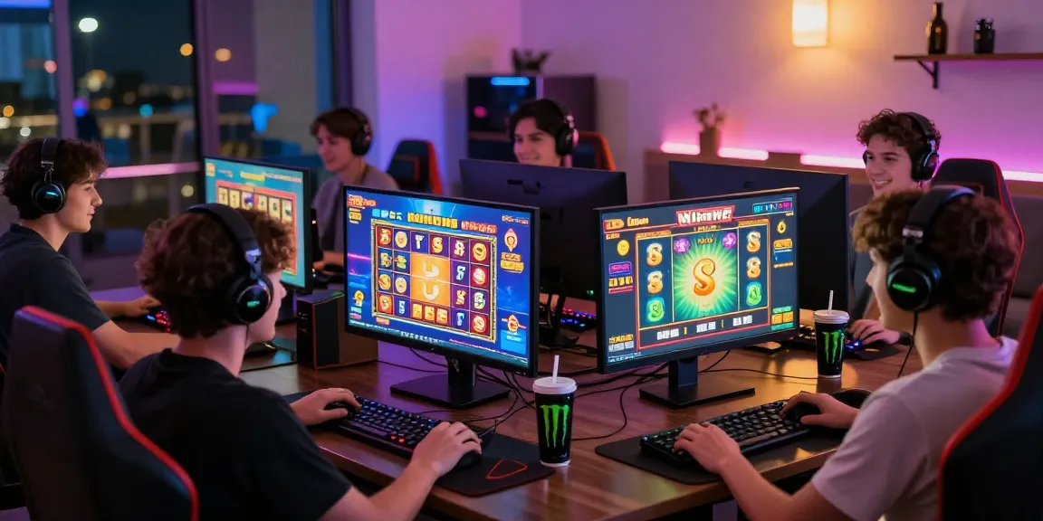 Players enjoying bonus buy slots at home, screens displaying vibrant slot graphics.
