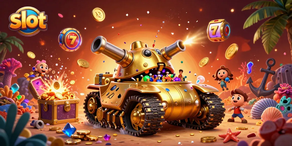 Spin the slot reels in a vibrant casino scene featuring a golden tank filled with excitement.