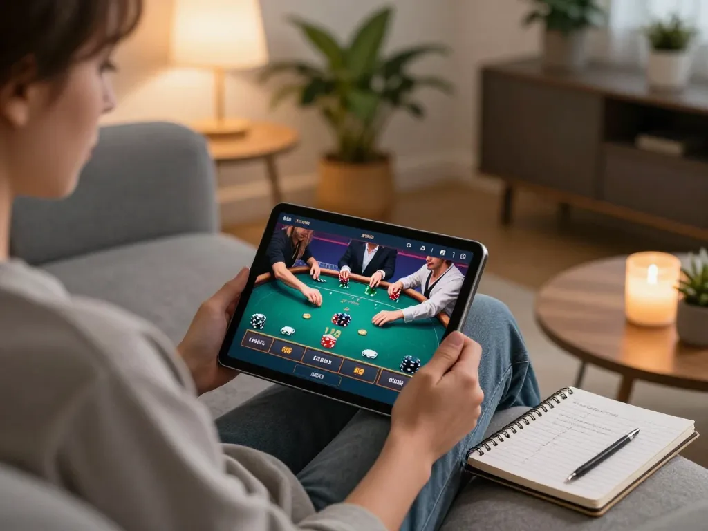 hm88 player enjoying online casino gaming on tablet in a cozy home environment