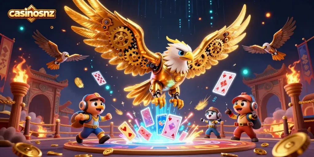 Experience the thrill of casinosnz with a dynamic 3D casino scene featuring a golden eagle and holographic cards.