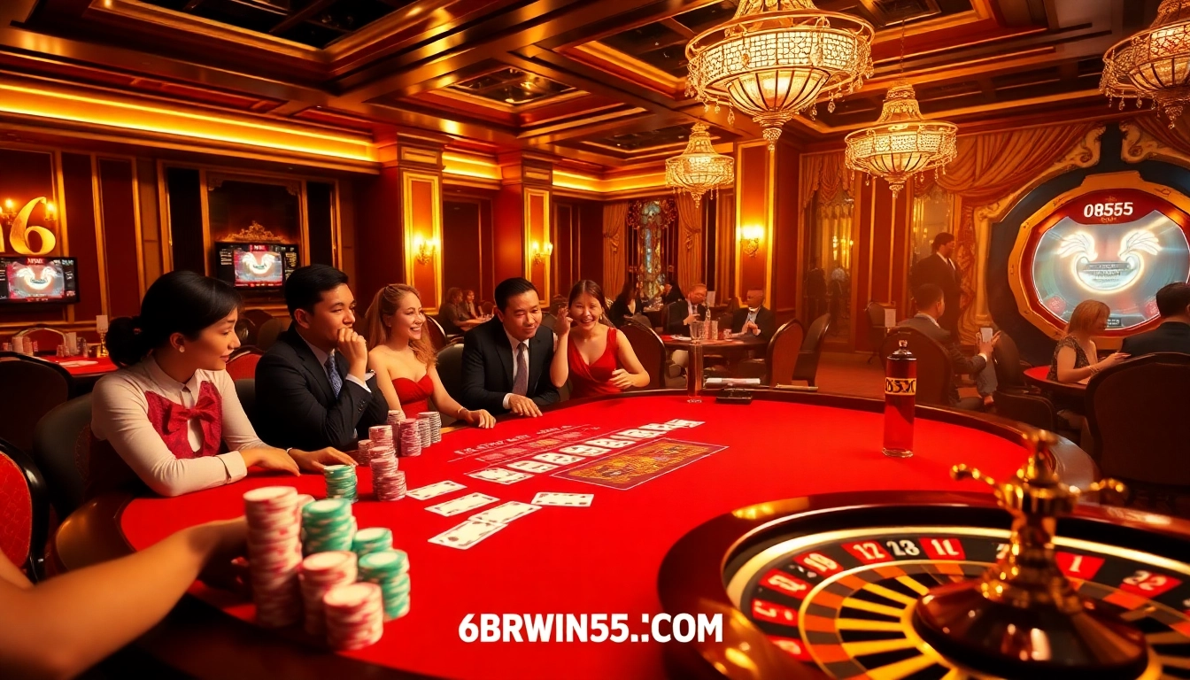 Join a thrilling poker game at 6RWIN55 COM with stacked chips and excited players under glamorous casino lights.