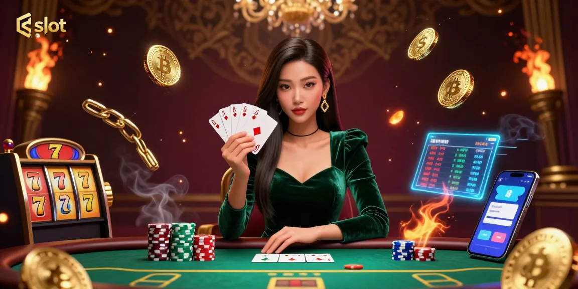 Experience the thrill of slot gaming with a focused player surrounded by dazzling symbols and digital elements.