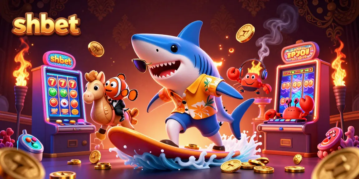 Experience winning at shbet with a vibrant 3D casino scene featuring a shark, clownfish, and crab DJ.