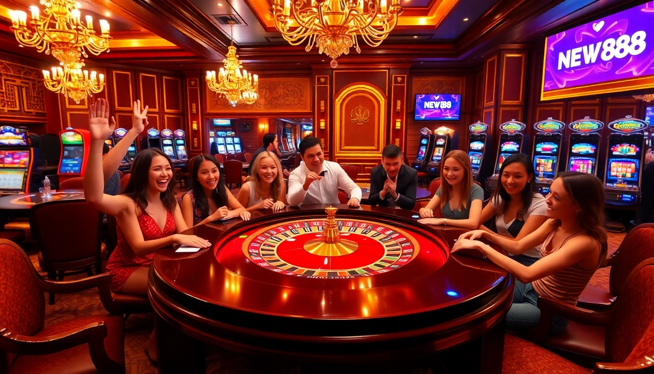 Players enjoying a thrilling game of roulette at the NEW88 casino, showcasing excitement and luxury.