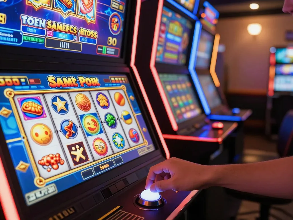Engaging with a slot gacor machine online, illuminating game features and vibrant reels in action.