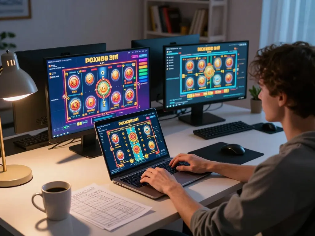Engaging in a thrilling slot toto game on a laptop in a cozy home office setting.