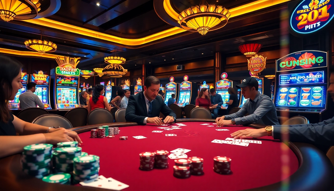 Engaged players at a poker table with NOHU90 chips and vibrant slot machines in a luxury casino.