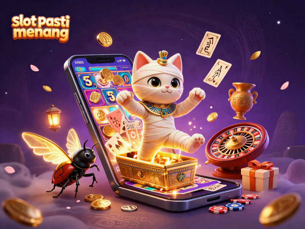 Engage in vibrant slot pasti menang action with a mystical mummy cat, glowing scarab, and lively casino elements.
