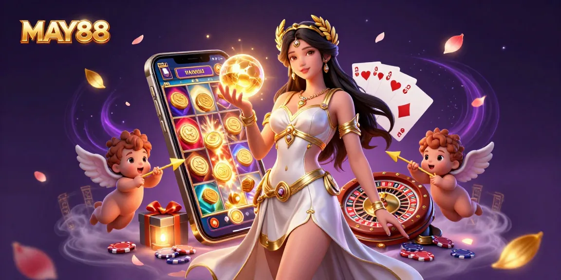 Experience exciting slots and games at MAY88 with a magical 3D casino illustration.