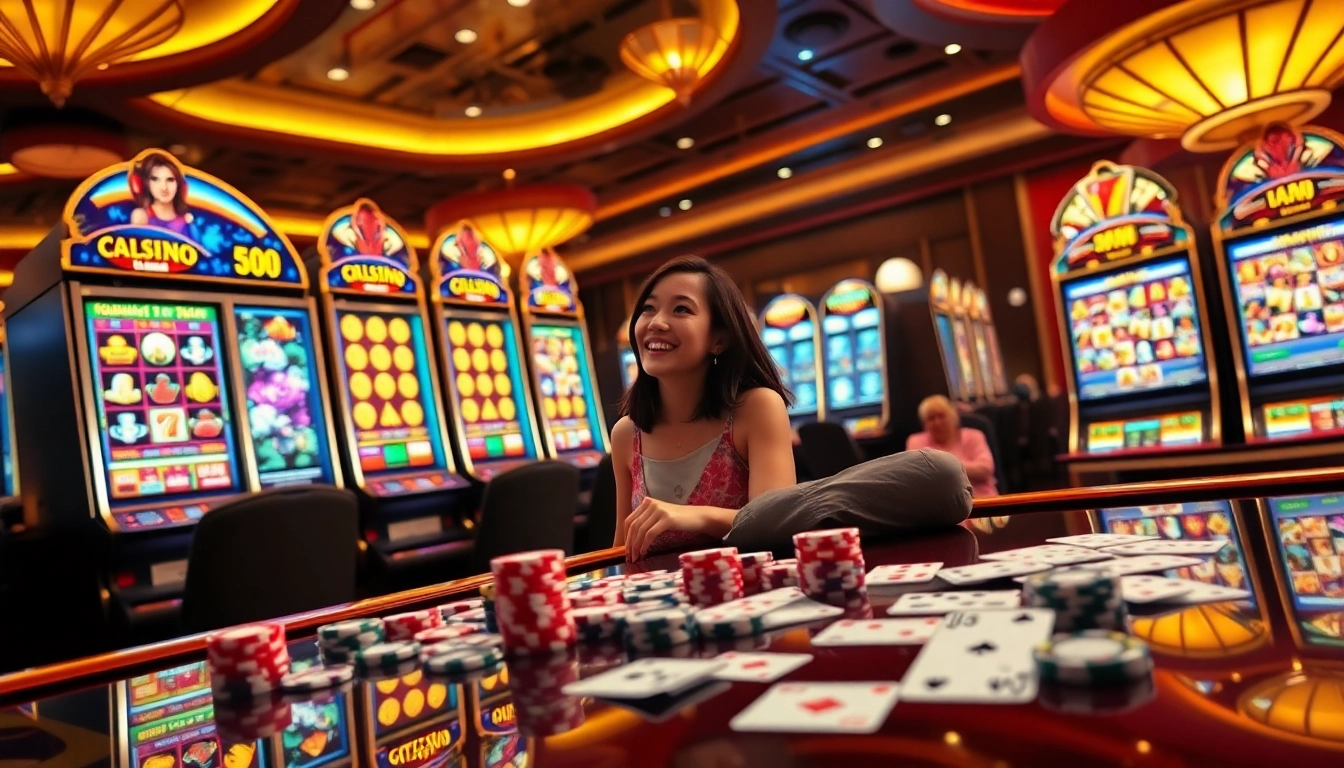 Player engaging with a slot machine at qqmacan casino, surrounded by vibrant poker chips and playing cards.