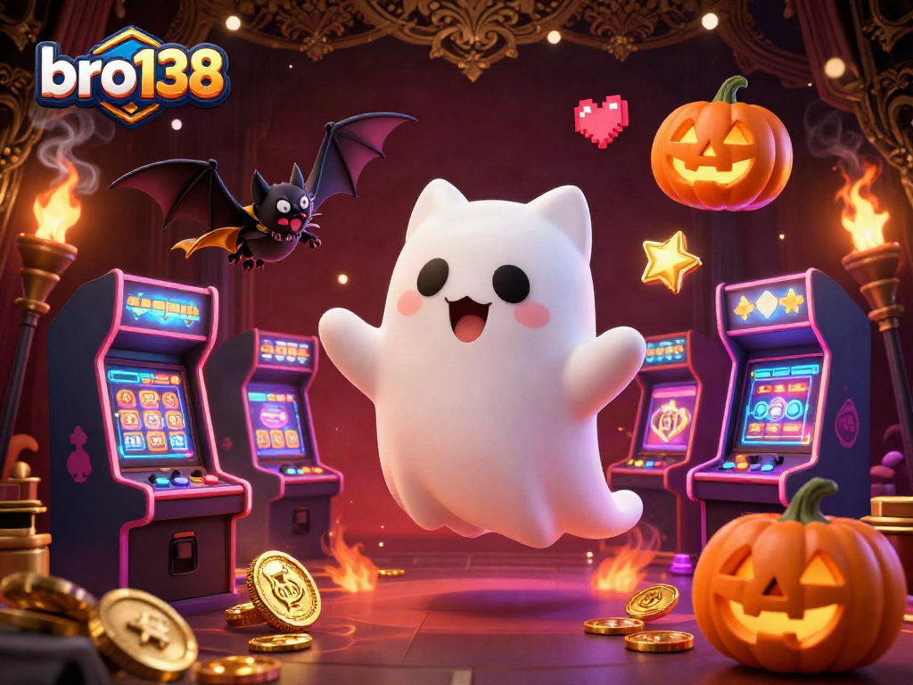 Join the playful ghost cat in a vibrant casino adventure with bro138, surrounded by glowing game elements and colorful jackpots.