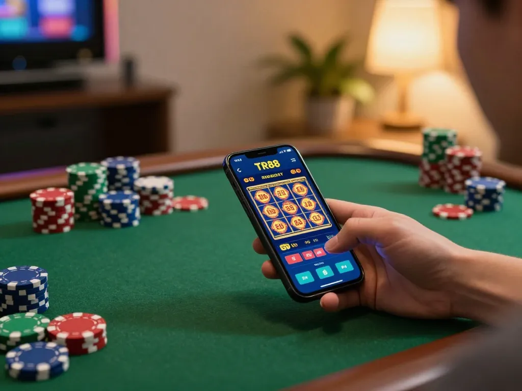 Engaging with TR88 casino app on smartphone amidst a cozy home gaming setup, promoting responsible gambling