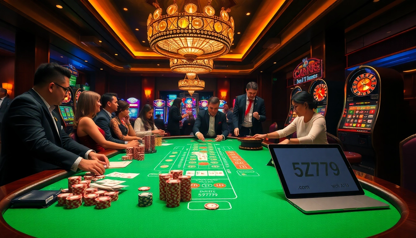Players enjoying high-stakes poker at 5Z7779 com's stylish casino tables