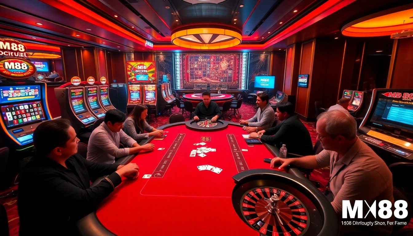 Engaged players at MM 88 enjoying a thrilling poker table experience in a vibrant casino setting.